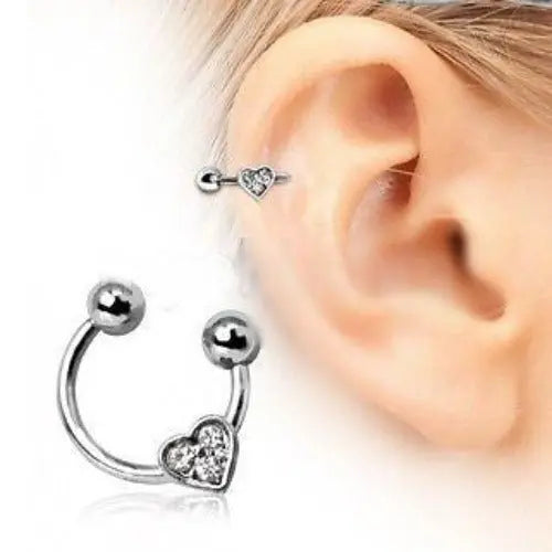 White Smoke Horseshoe Cartilage Earring with Gemmed Heart