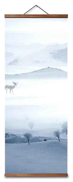Chinese Snow Mountain Deer & Bird Canvas Scroll – Blue & White