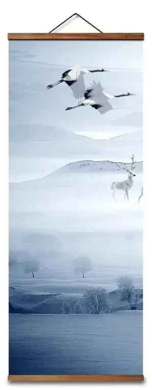 Chinese Snow Mountain Deer & Bird Canvas Scroll – Blue & White