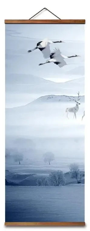 Chinese Snow Mountain Deer & Bird Canvas Scroll – Blue & White Far East Finds