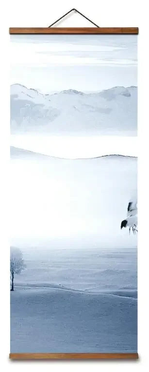 Chinese Snow Mountain Deer & Bird Canvas Scroll – Blue & White Far East Finds