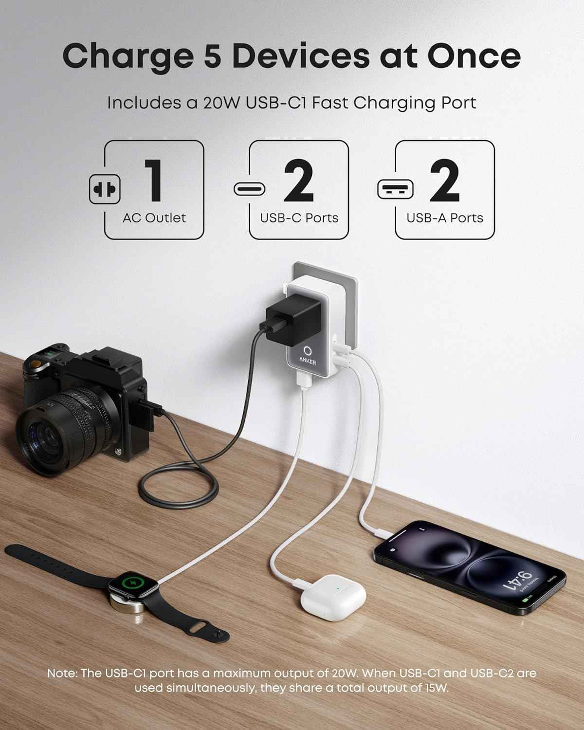 Anker Nano Travel Adapter (5-in-1, 20W, 1-Pack)