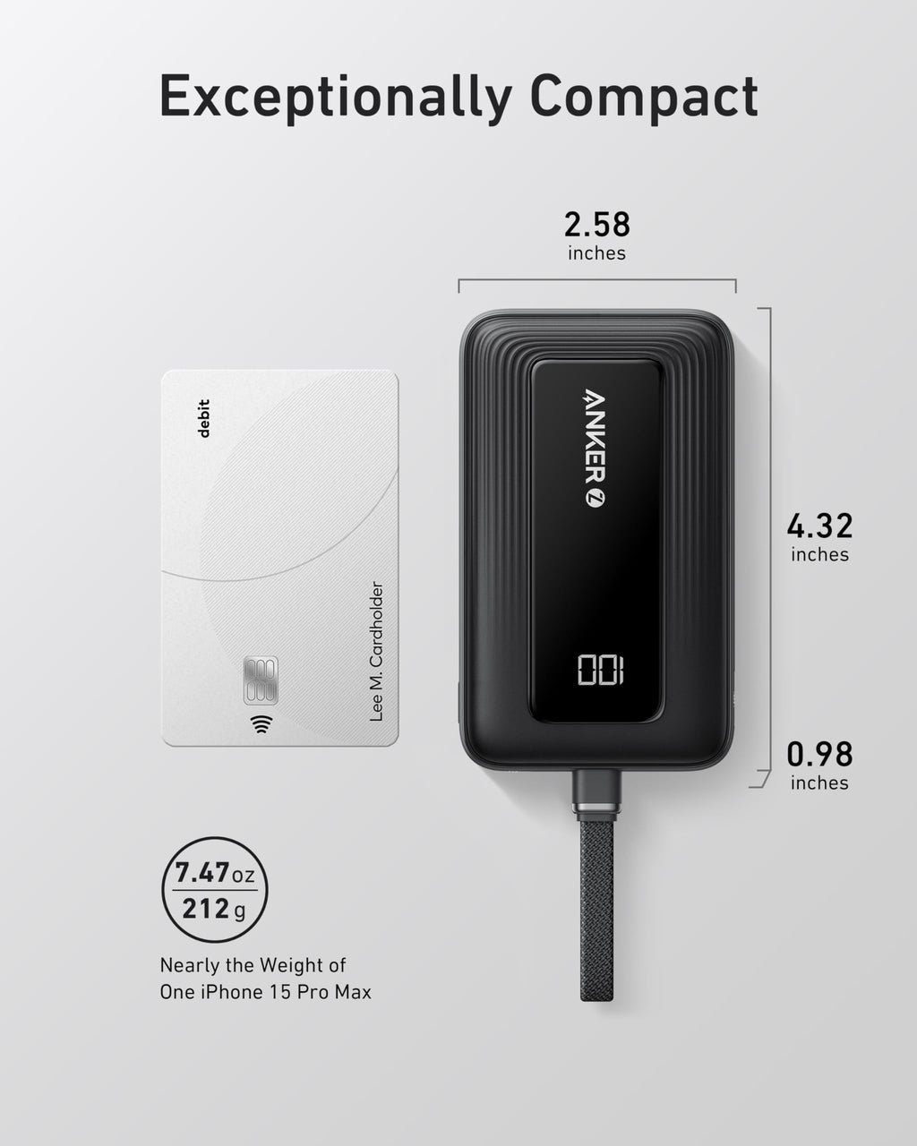 Anker Zolo Power Bank (10K, 30W) with a 5.4-inch (13.7 cm) built-in USB-C cable. Anker