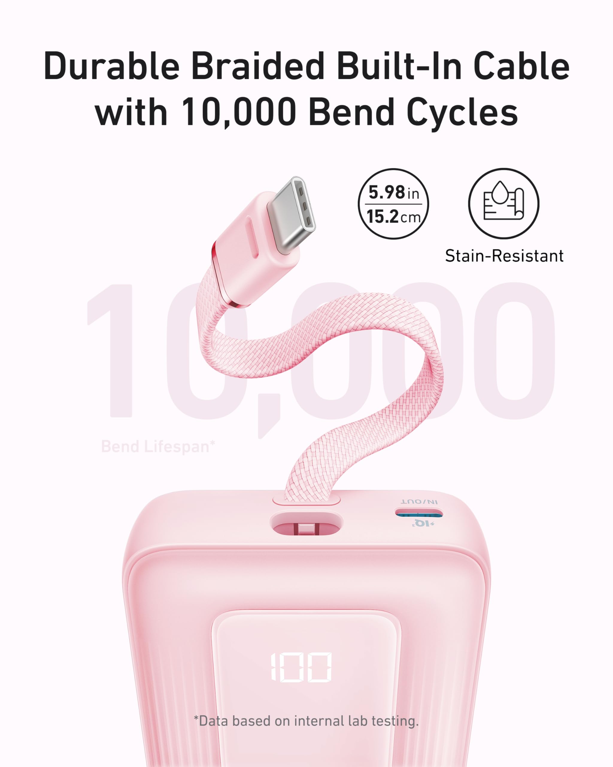 Anker Zolo Power Bank (10K, 30W) with a 5.4-inch (13.7 cm) built-in USB-C cable. Anker
