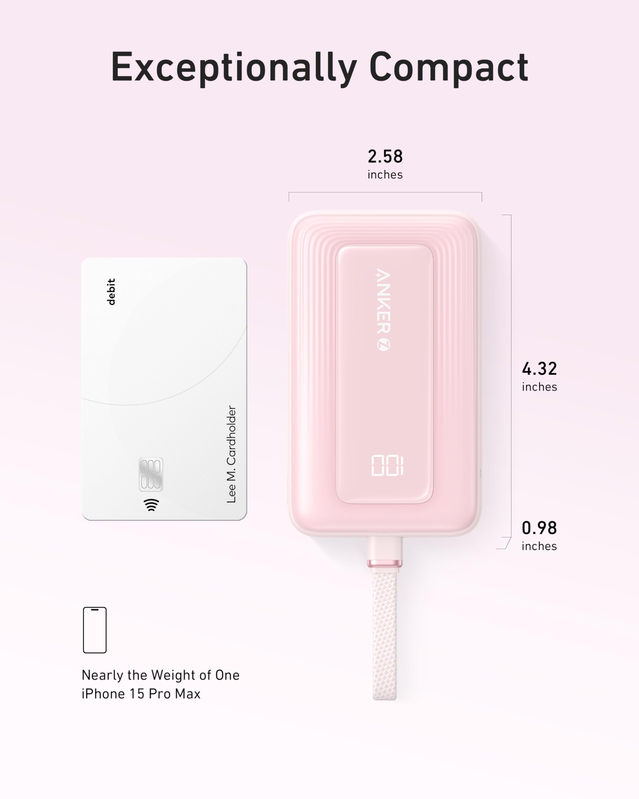 Anker Zolo Power Bank (10K, 30W) with a 5.4-inch (13.7 cm) built-in USB-C cable. Anker