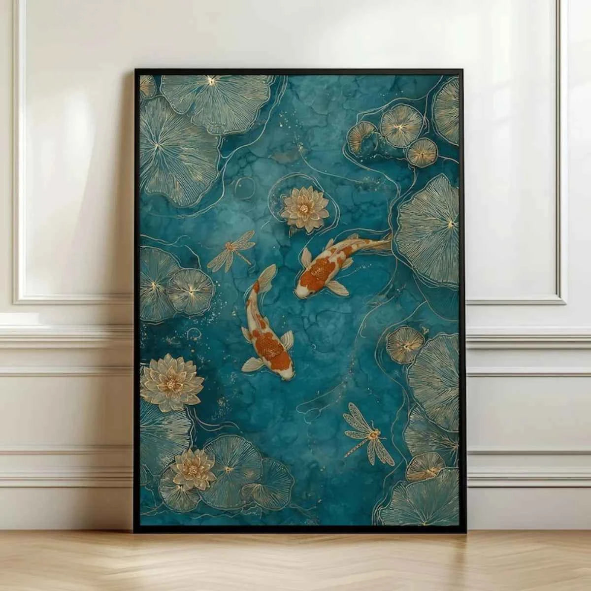 Japanese Koi Fish Canvas Print – Emerald Green Pond with Lotus