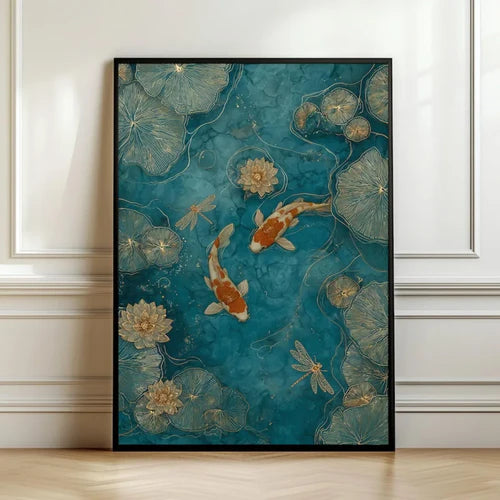 Japanese Koi Fish Canvas Print – Emerald Green Pond with Lotus Far East Finds