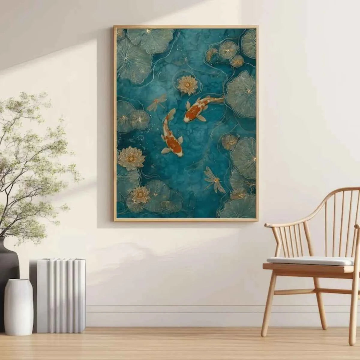 Japanese Koi Fish Canvas Print – Emerald Green Pond with Lotus