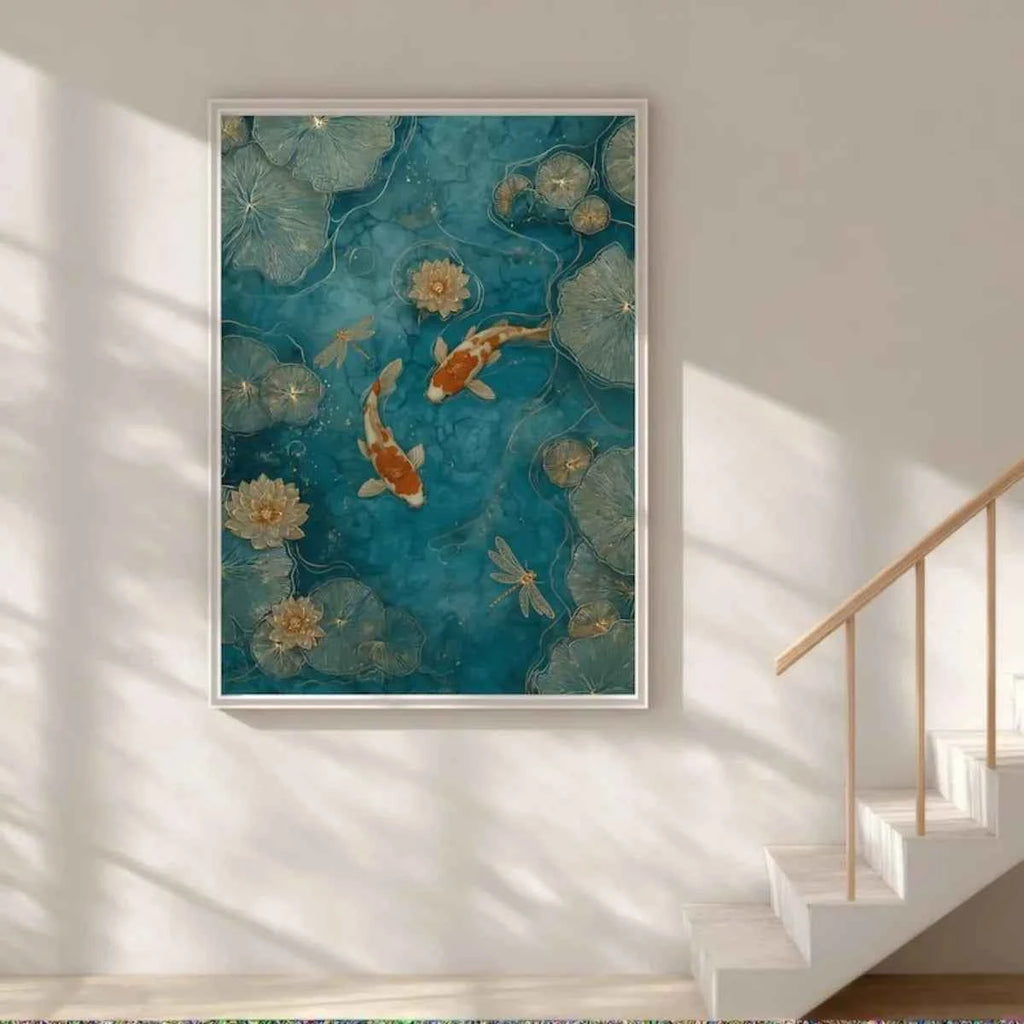 Japanese Koi Fish Canvas Print – Emerald Green Pond with Lotus
