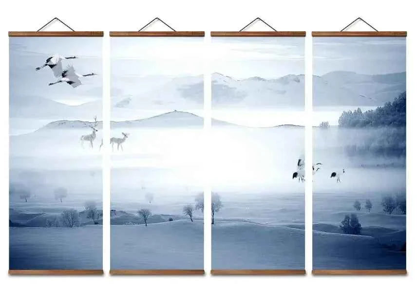 Chinese Snow Mountain Deer & Bird Canvas Scroll – Blue & White