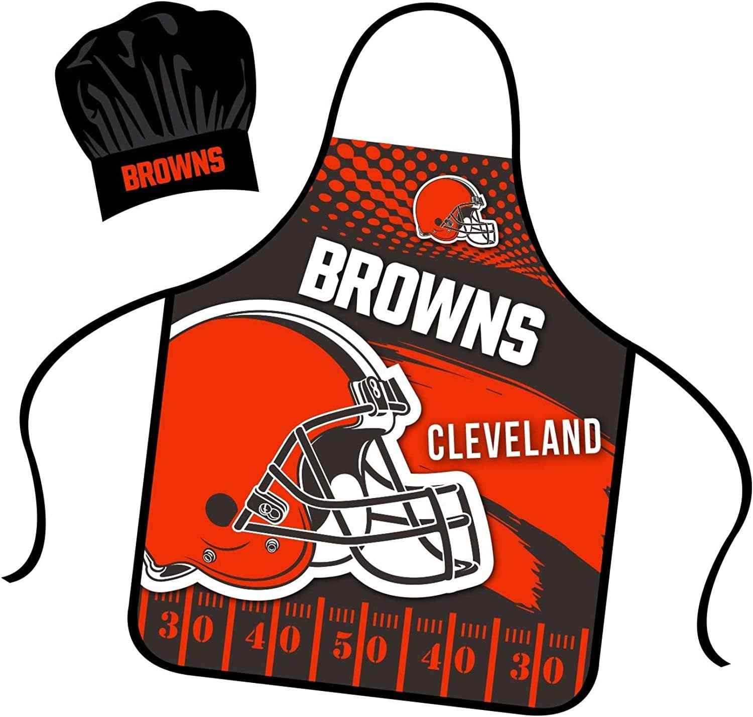 Cleveland Browns Apron Chef Hat Set Full Color Universal Size Tie Back Grilling Tailgate BBQ Cooking Host